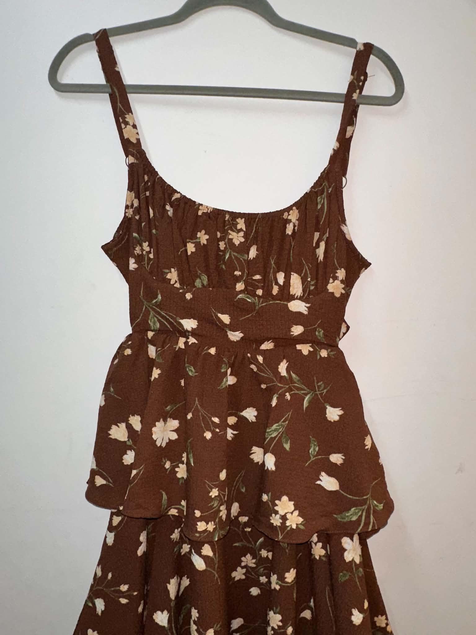 Brown Floral Ruffle Tiered Spaghetti Midi Dress