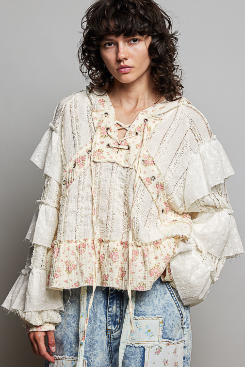 Eyelet Ruffle Natural Hoodie Top
