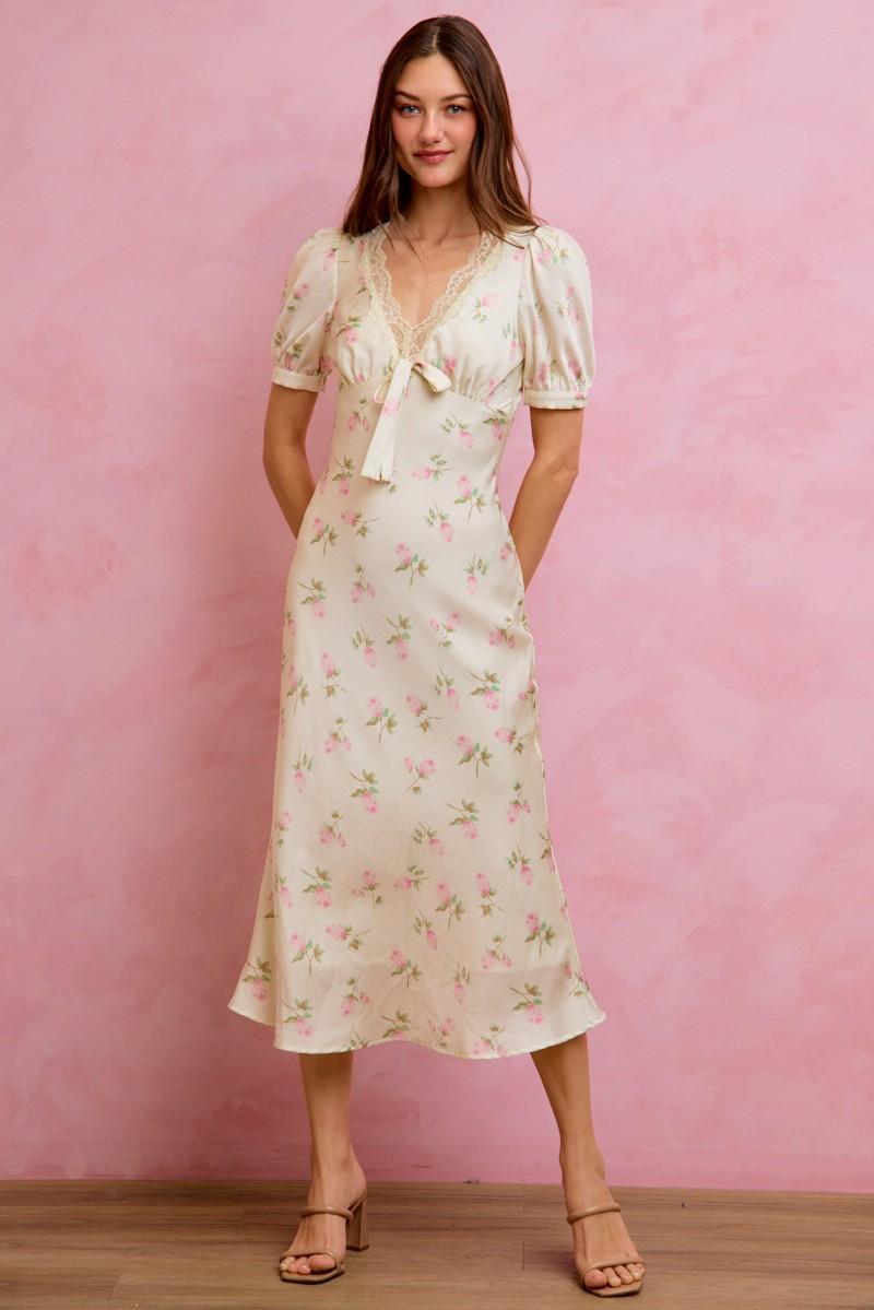 Floral Satin Print Lace Trim Midi Dress