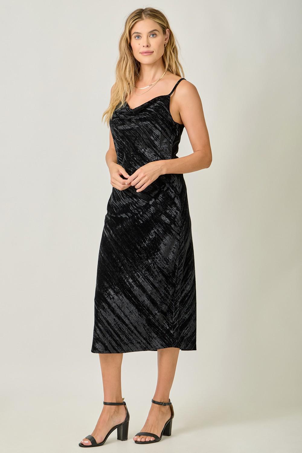 Cowl Neck Crinkle Velvet Slip Dress