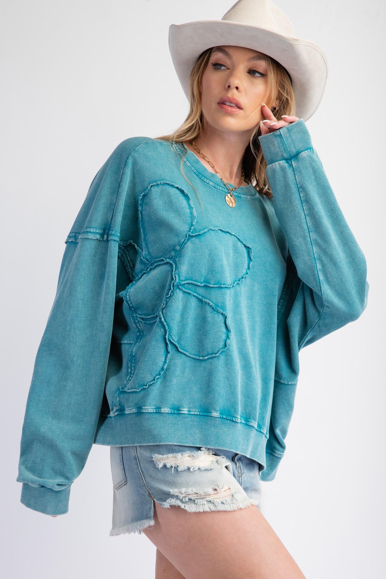 Teal Flower Patch Terry Pullover