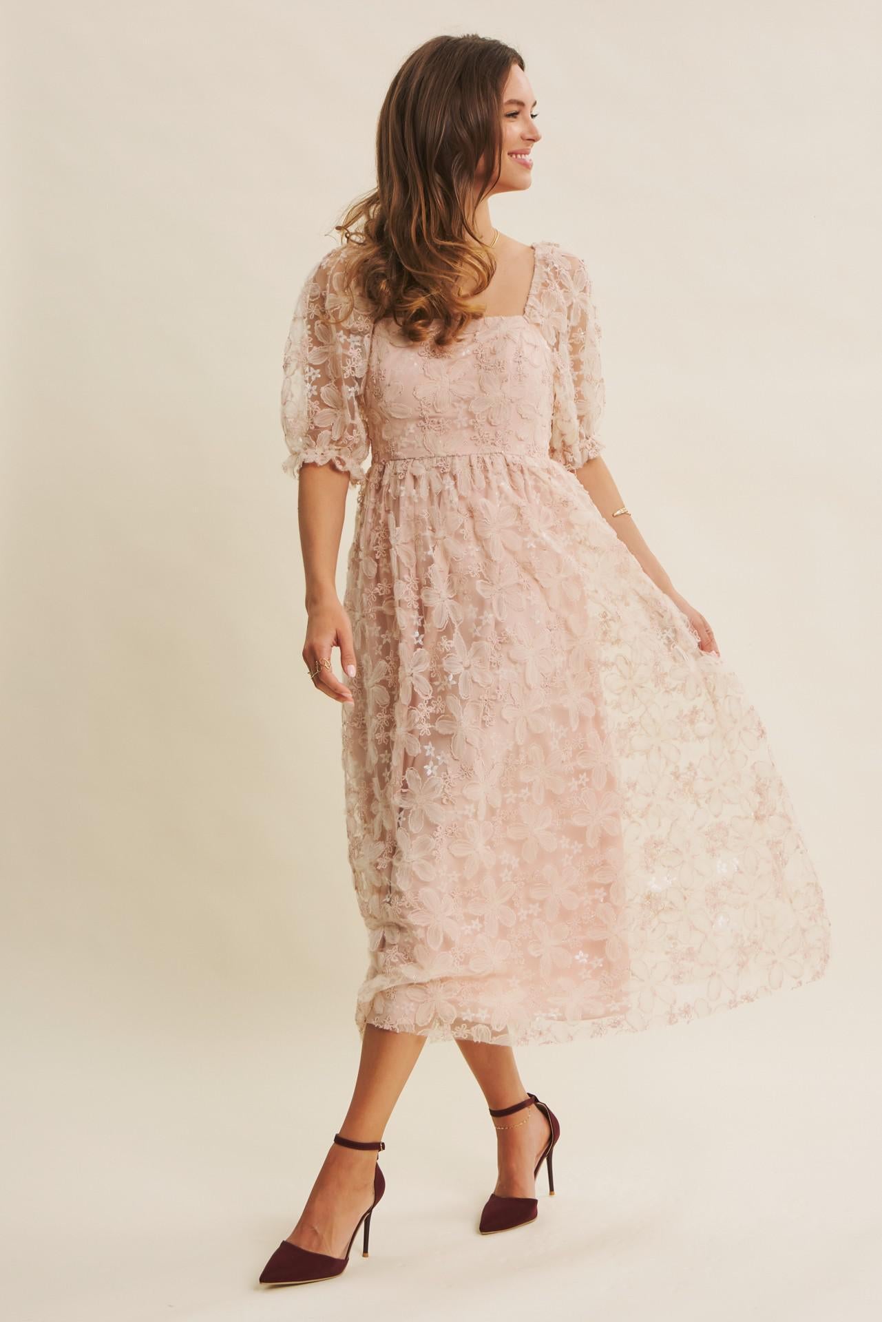Dusty Pink Sheer Floral Sequin Midi Dress