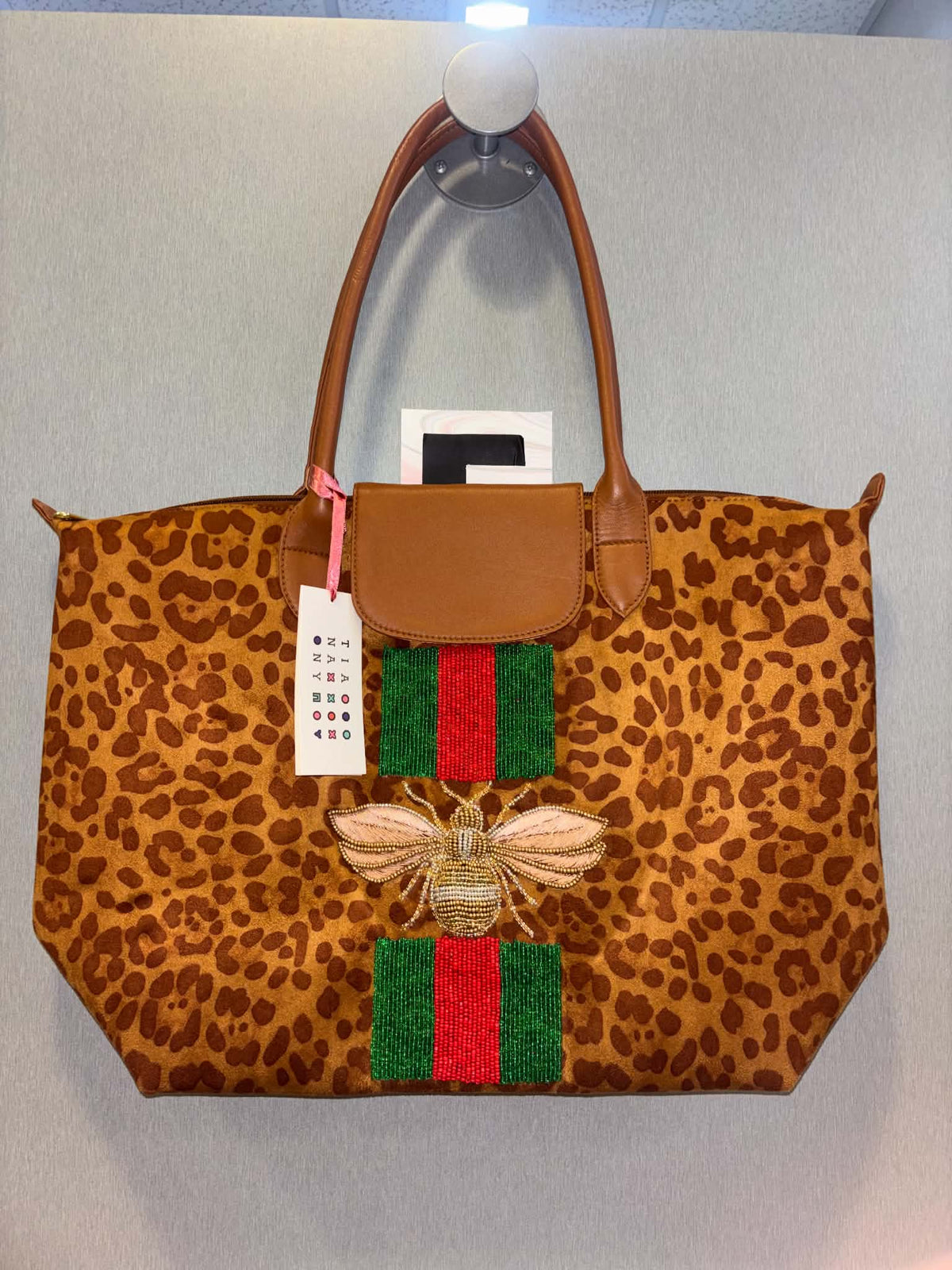 Leopard Print Fabric Bee Detailed Tote - Emerald/Red