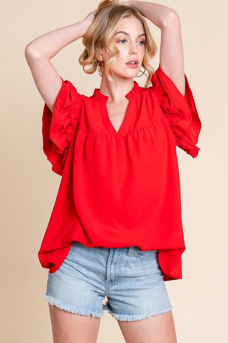 Red Airflow Ruffle Sleeve Blouse