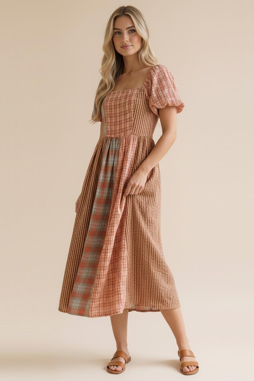 Square Neck Stripe Plaid Check Color Block Dress