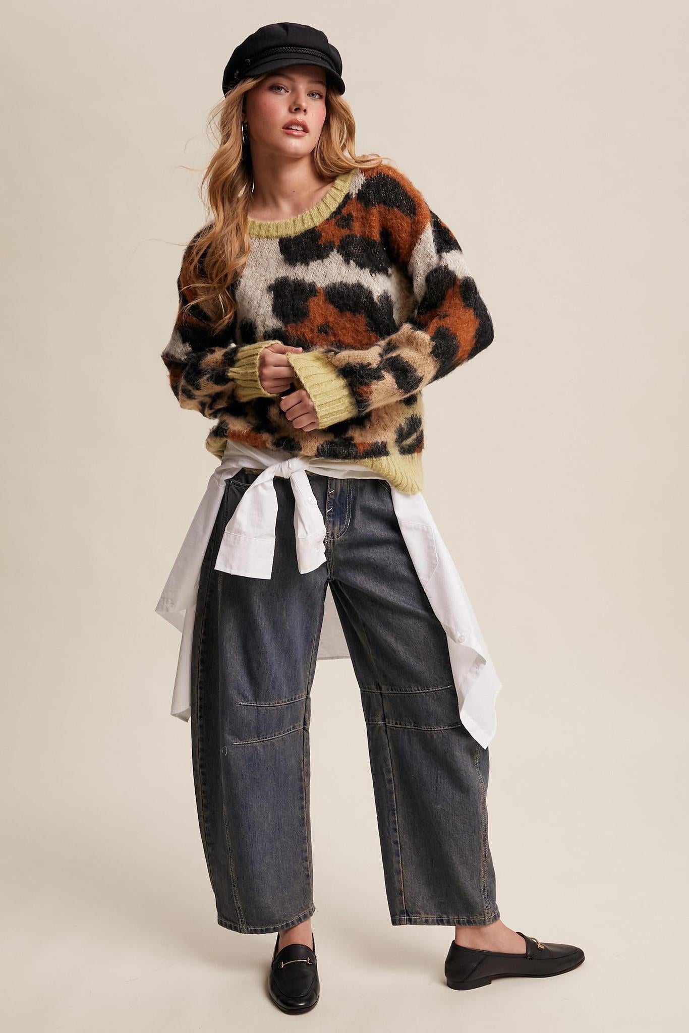 Fuzzy Abstract Leopard Knit Pullover Sweater