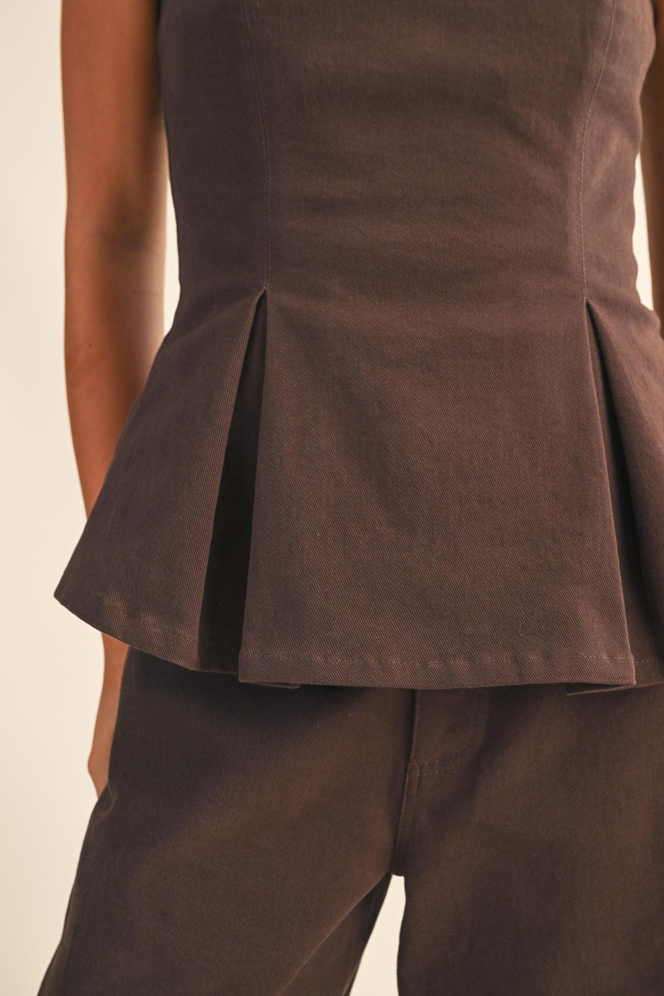 Dark brown Pleated Strapless Peplum Top