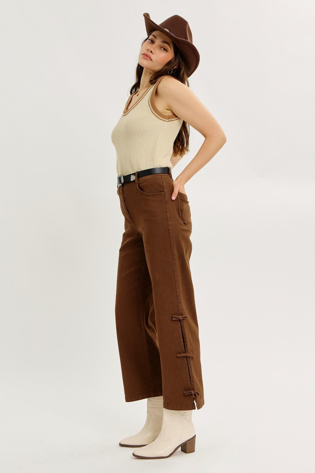 Garment Washed Side Bow Detail Western Pants