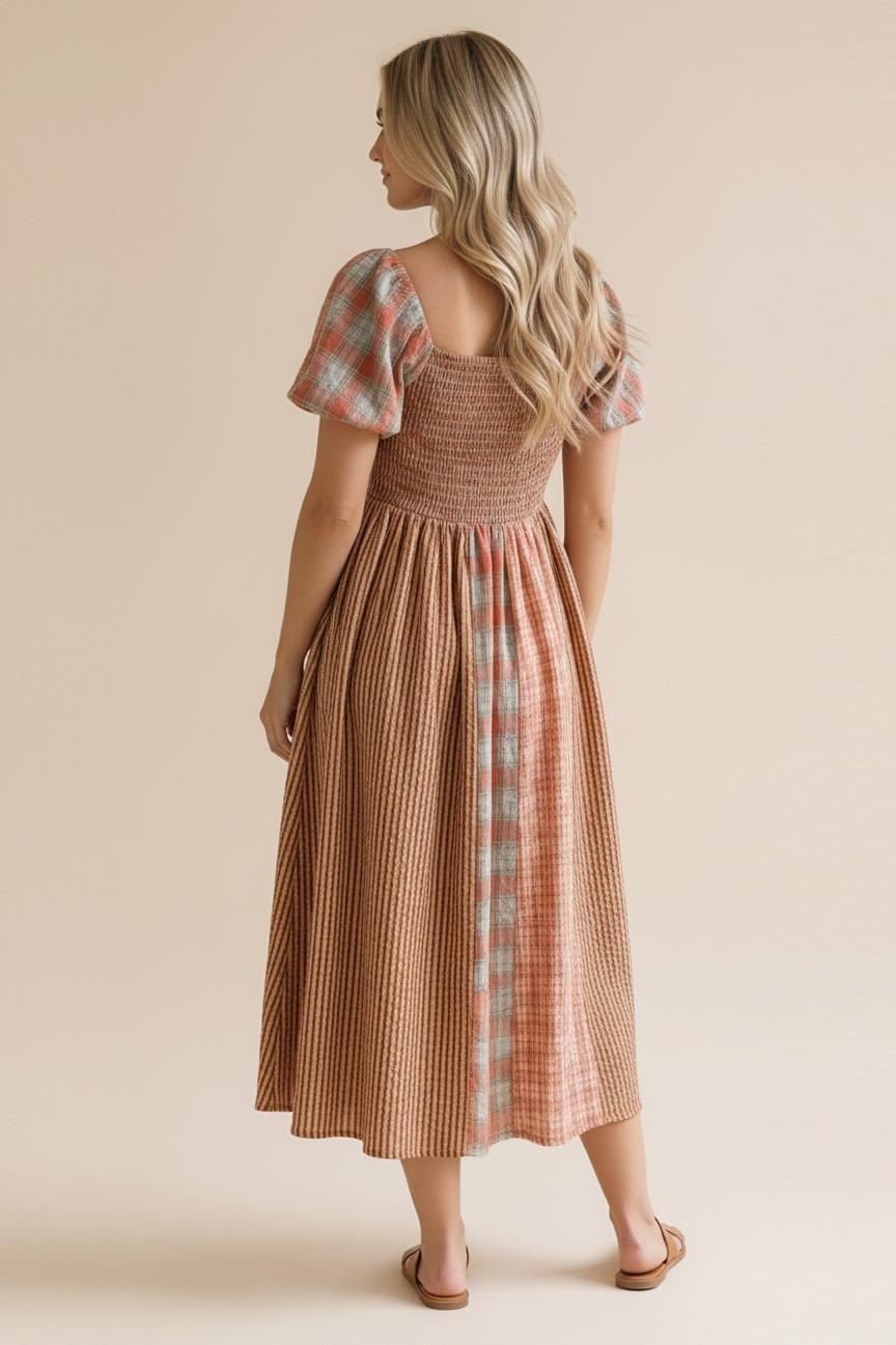 Square Neck Stripe Plaid Check Color Block Dress