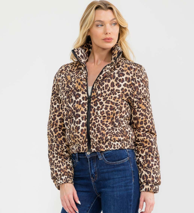BROWN LEOPARD PRINT PUFFER JACKET