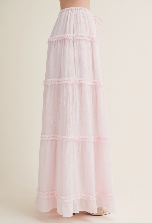 Water Lily Pink Gathered Ruffle Tier Maxi Skirt
