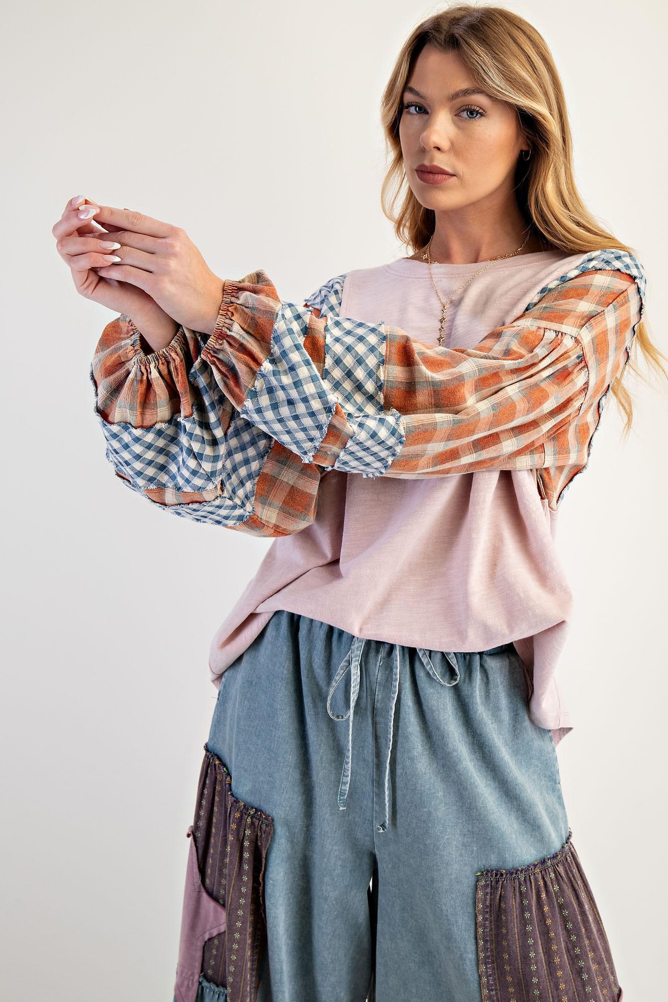 Rose Plaid Mix Cotton Knit Top