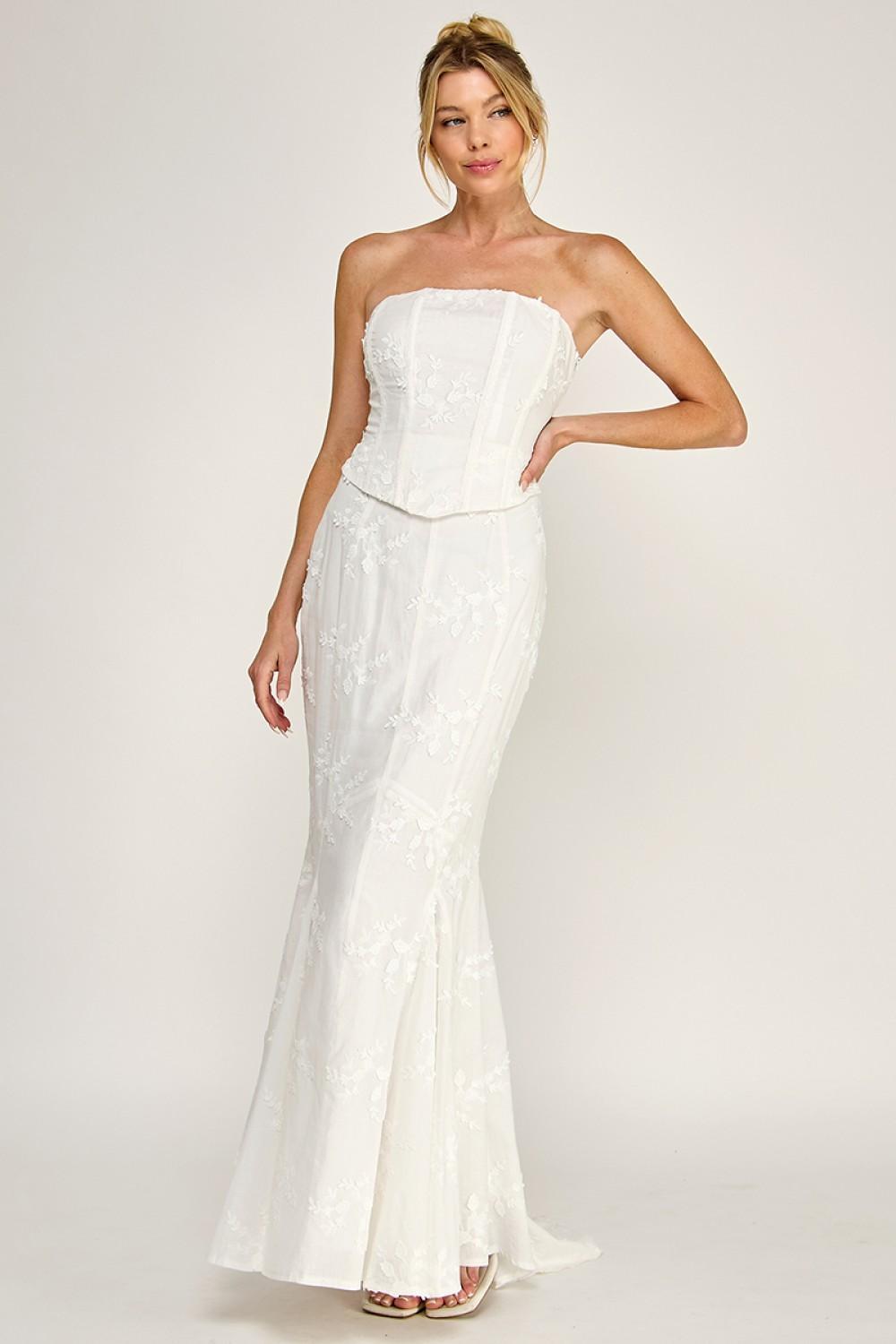 IVORY EYELET STRAPLESS CORSET LACE- UP MAXI DRESS