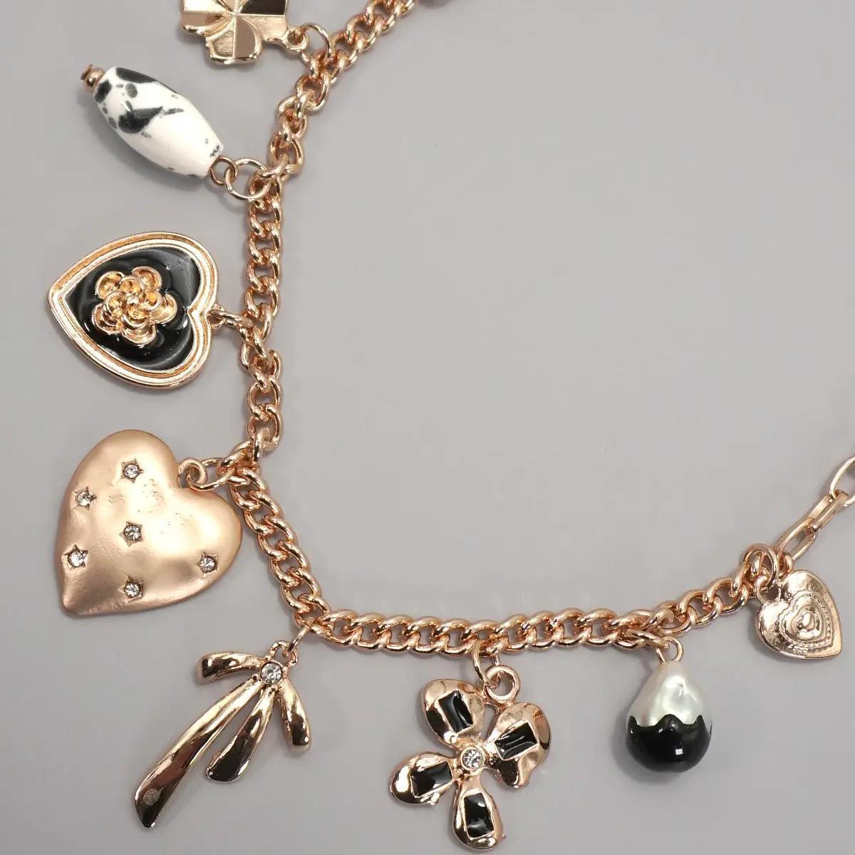 Charm Necklace-Heart Bow Pearl Flower