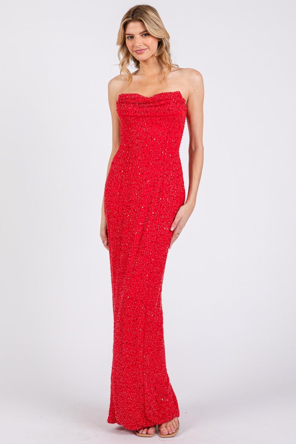 Red Mesh Pearl Bandeau Cowl Maxi Dress