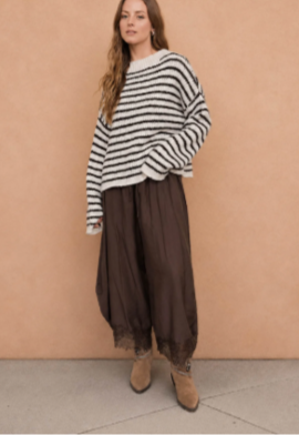 STRIPE ROLLED - EDGE DETAIL LONG SLEEVE KNIT SWEATER - Ivory