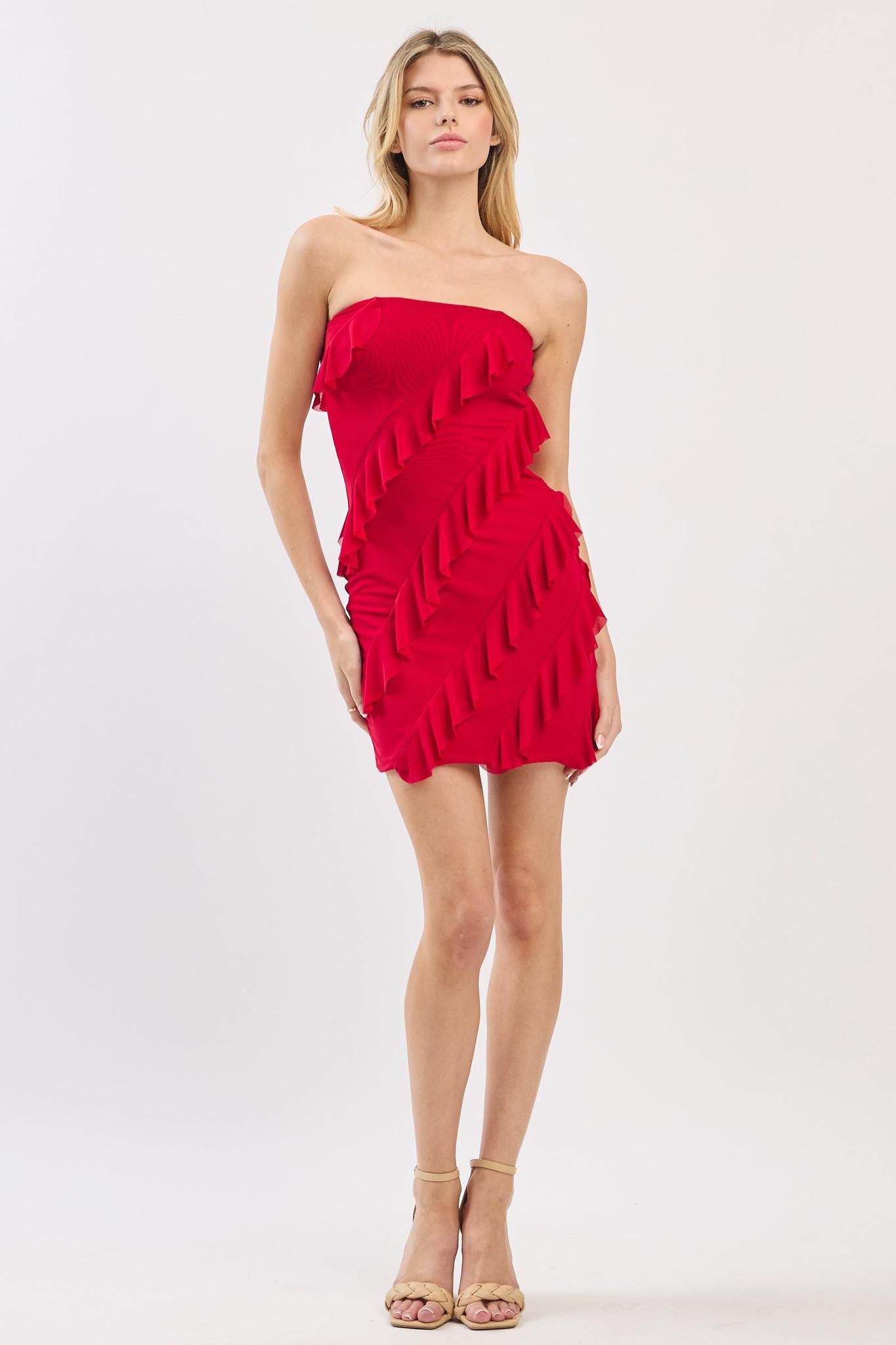 Red Ruffle Strapless Tube Mini Dress