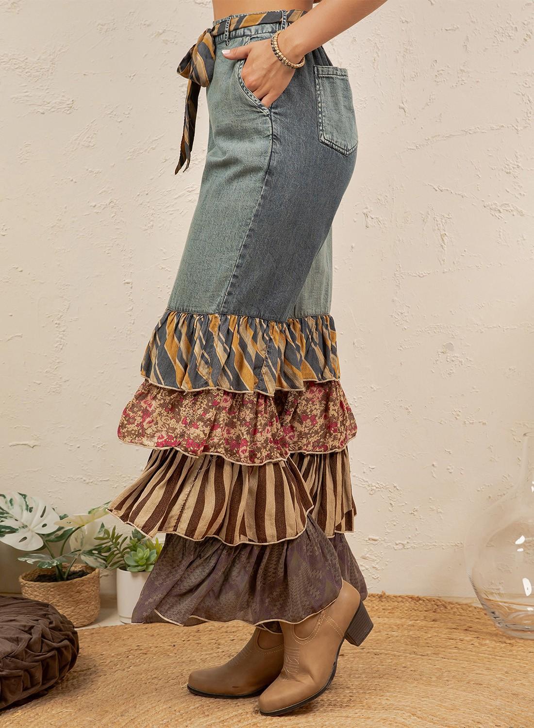 Mixed Print Denim Patchwork Ruffle Flare Pants With Belt New