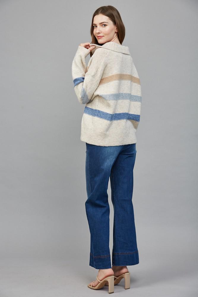 Ribbed Wide Collar With V-slit Striped Sweater