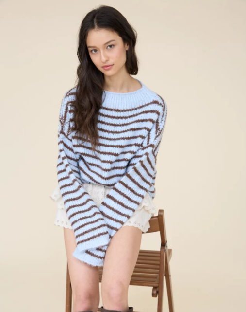 STRIPE ROLLED - EDGE DETAIL LONG SLEEVE KNIT SWEATER - light blue
