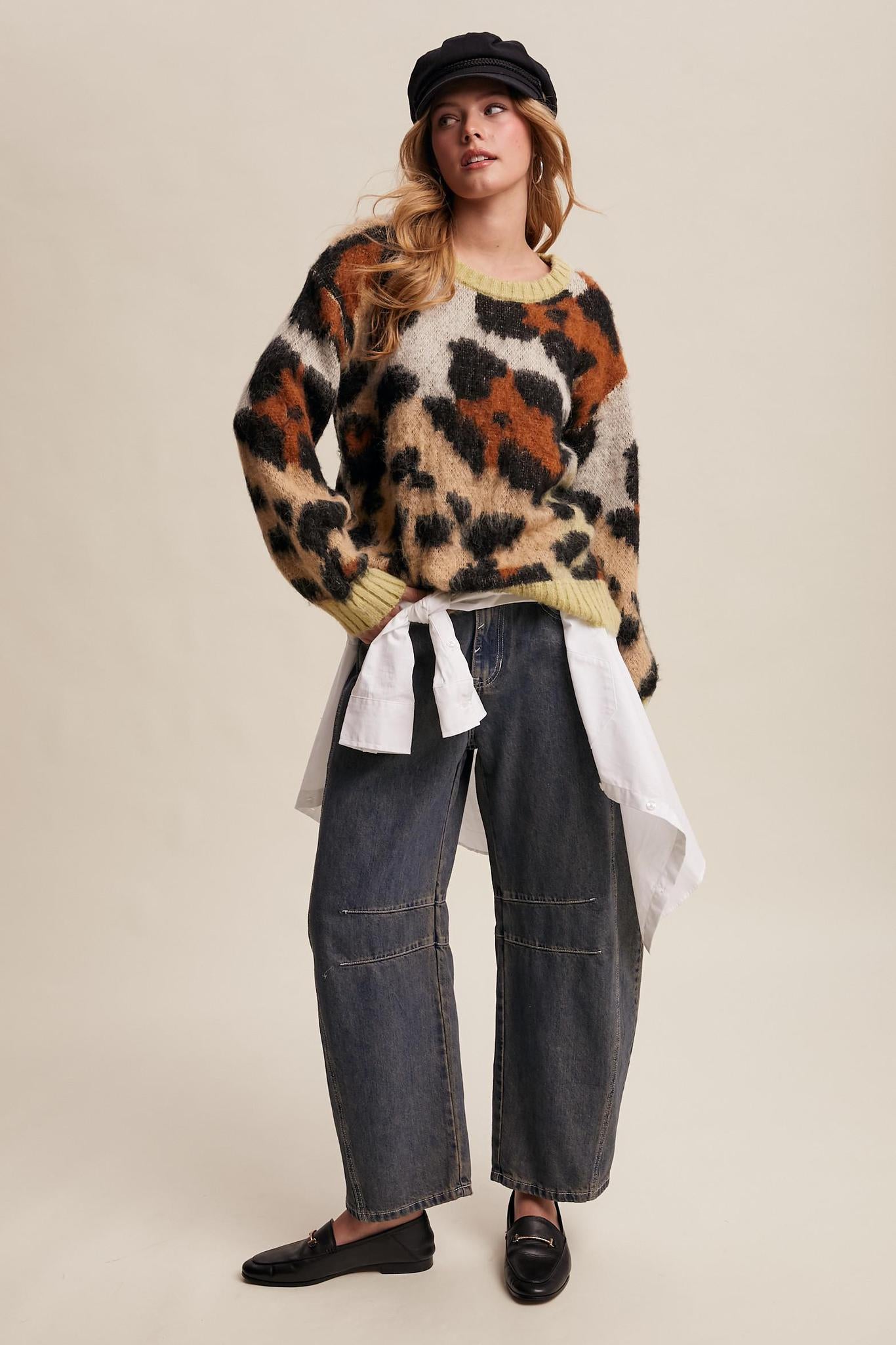 Fuzzy Abstract Leopard Knit Pullover Sweater