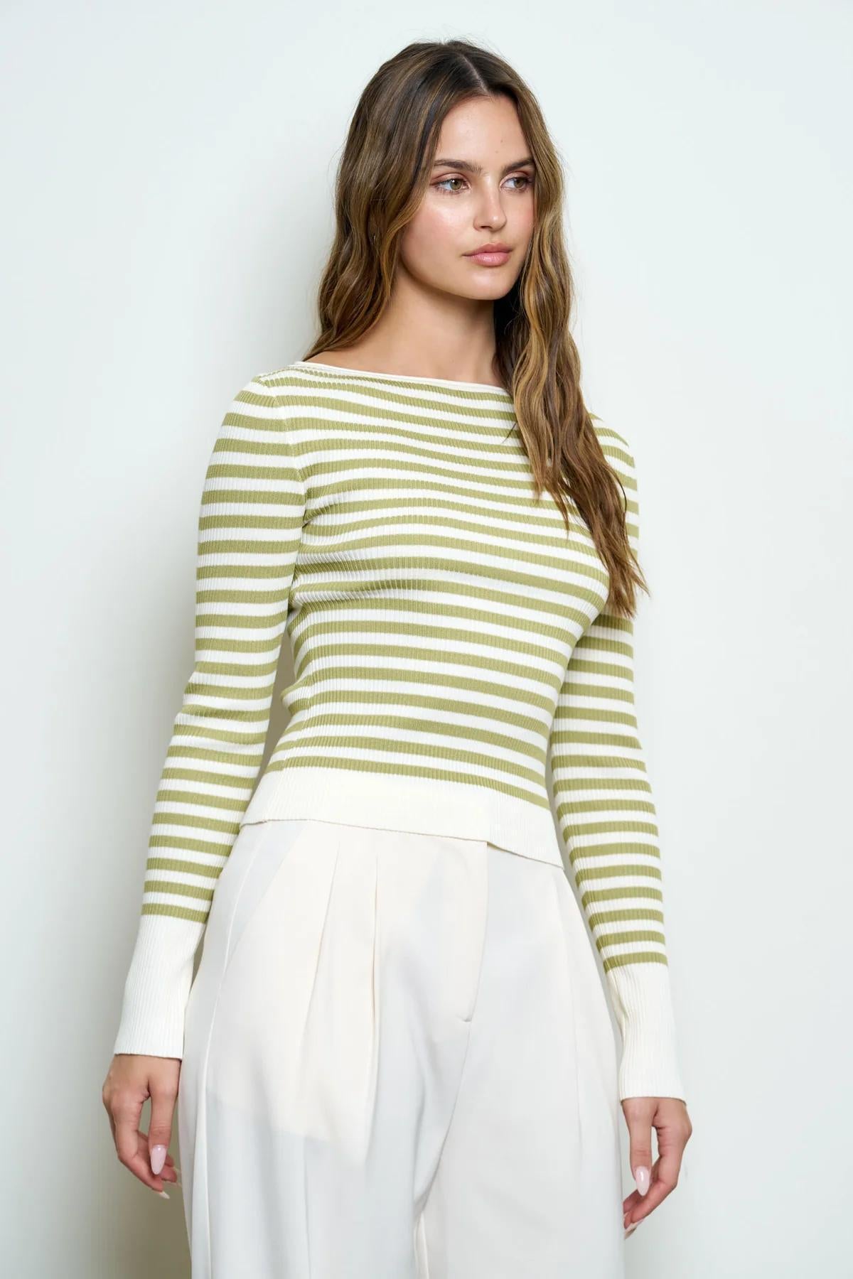 LIOGHT OLIVE BOAT NECK STRIPE RIBBED LONG SLEEVE SWEATER TOP
