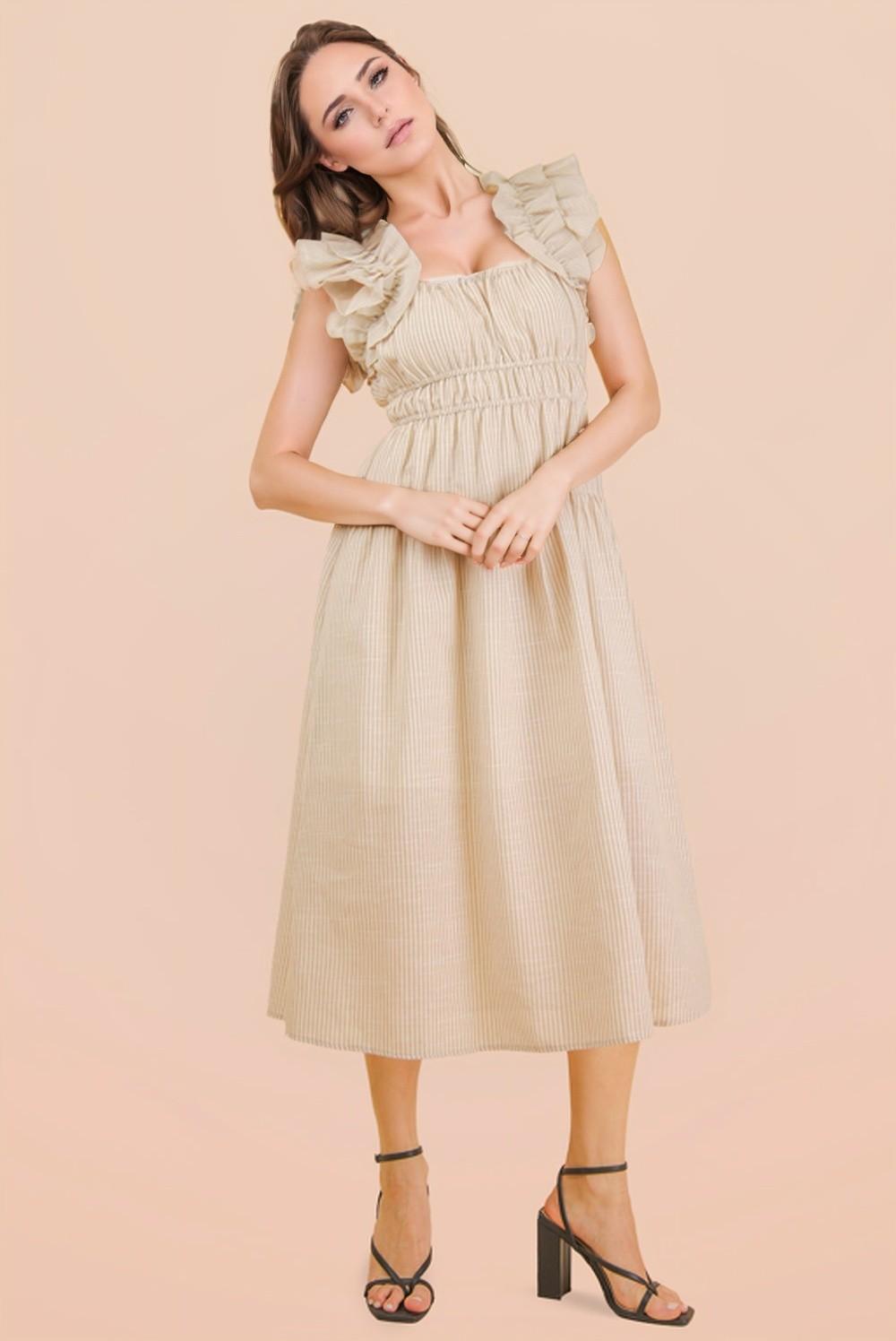 Taupe Shoulder Ruffle Detail Stripe Midi Dress