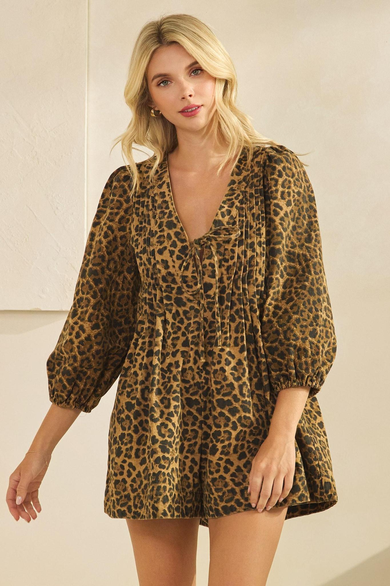 Leopard Pleated Long Sleeve Denim Romper