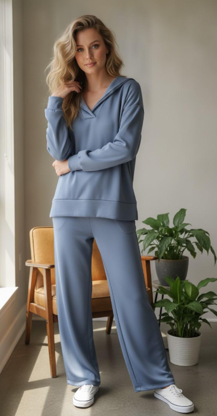 Navy Soft Cupro Pullover And Wide Leg Pants Set