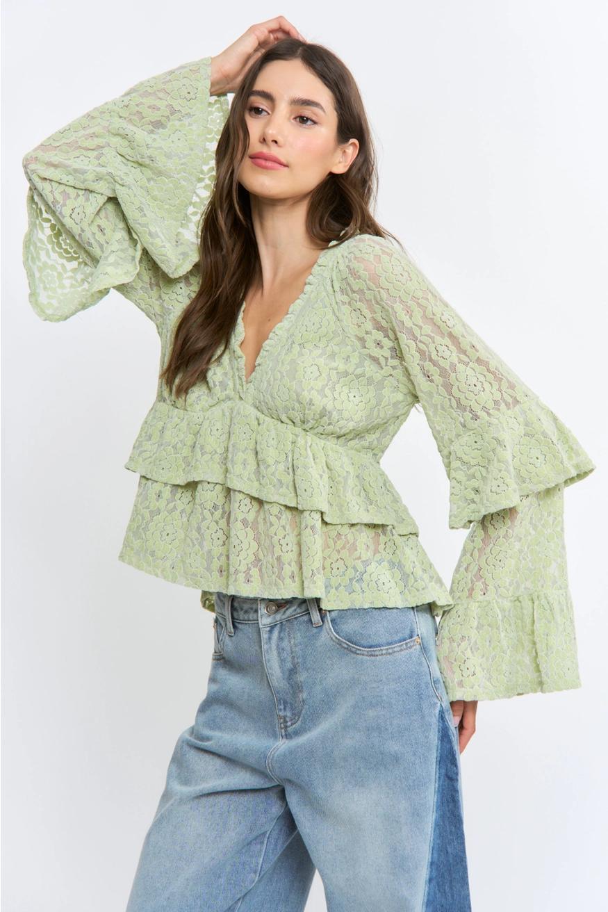 Sage Long Sleeve Lace Ruffle Blouse