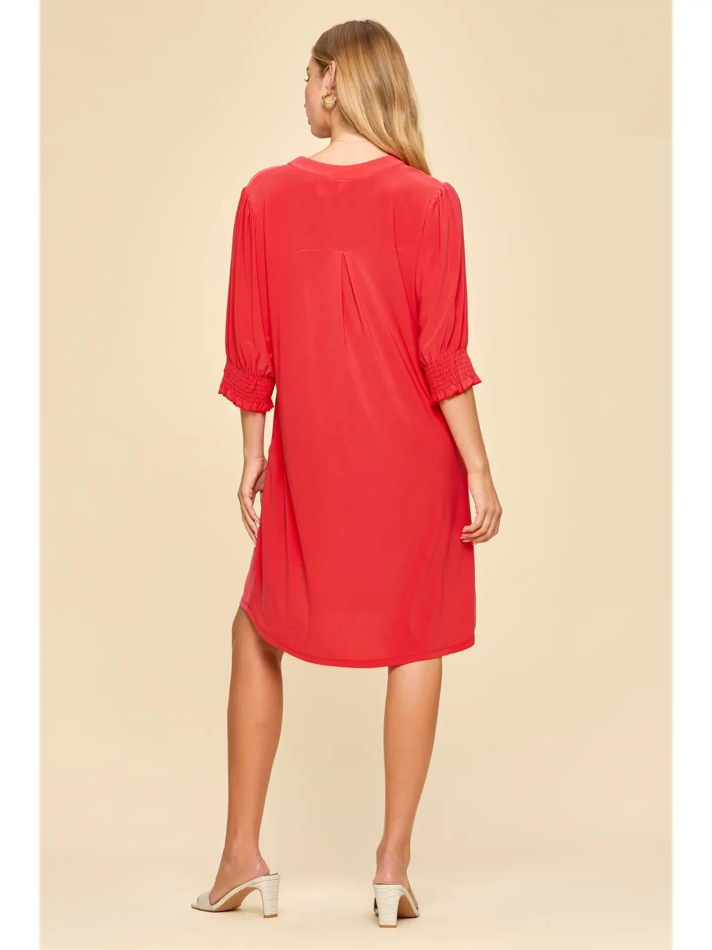 Tomato Red Smocked Sleeve Lizzy Collar Shirt Dress