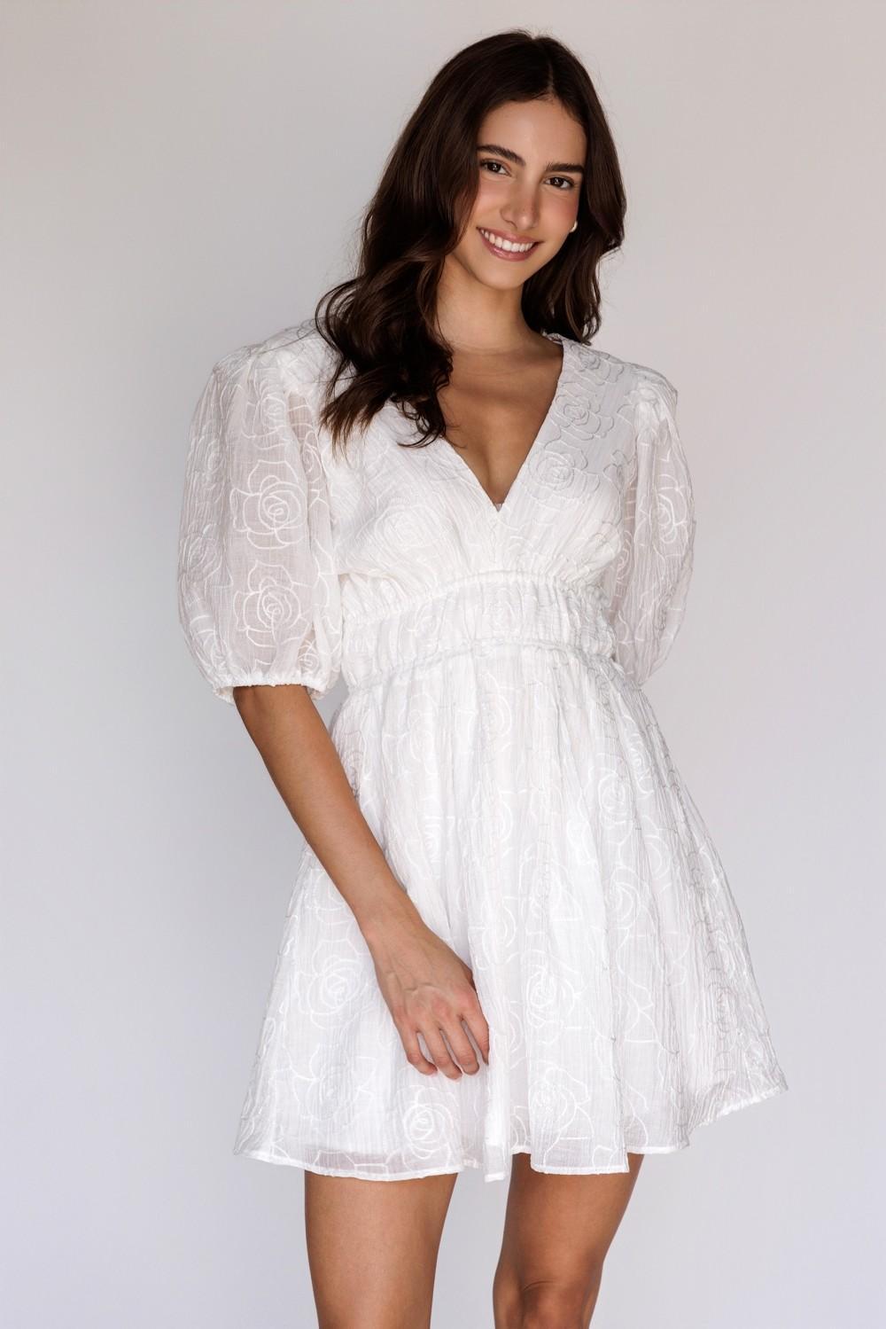 White Textured Rose Mini Dress