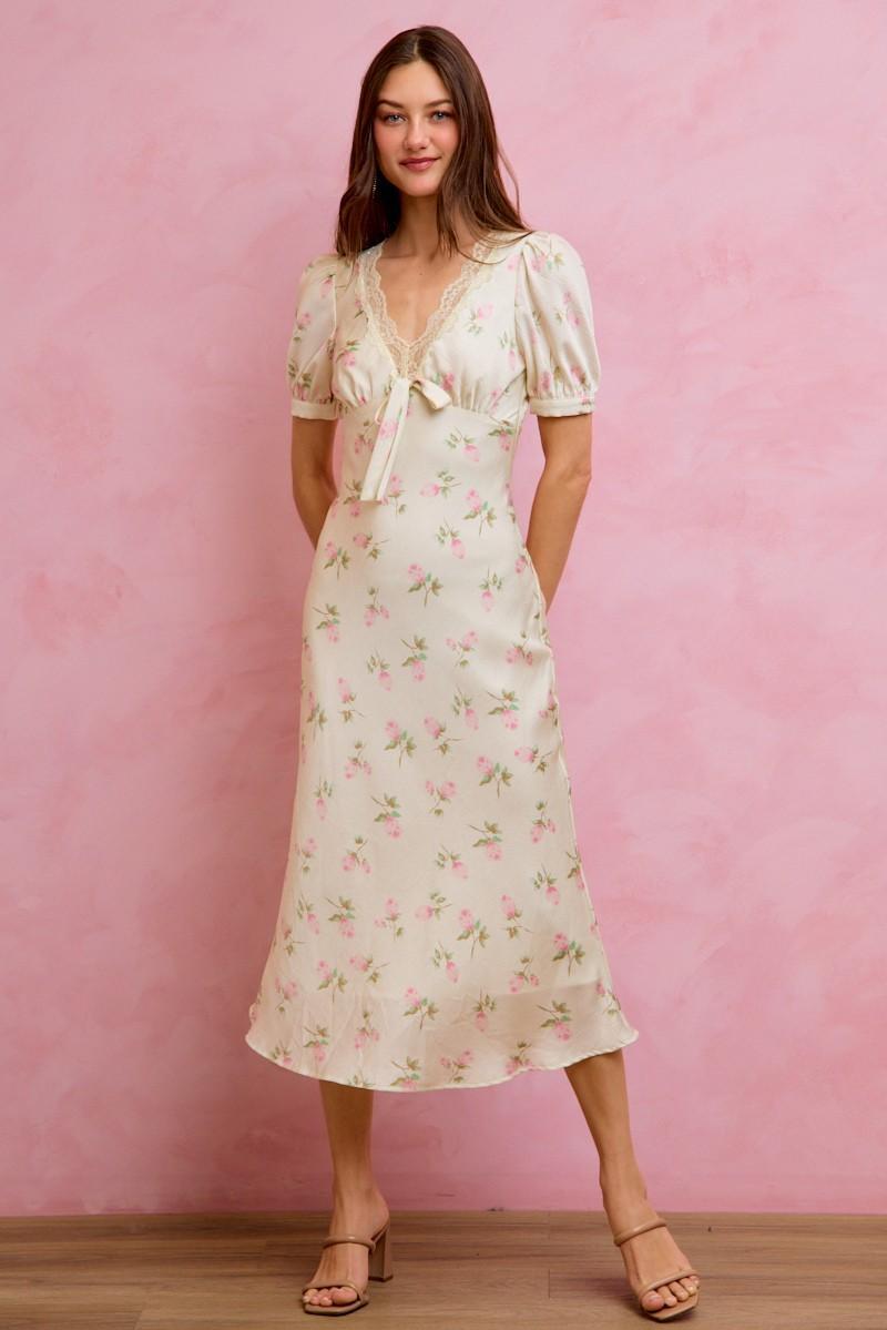 Floral Satin Print Lace Trim Midi Dress