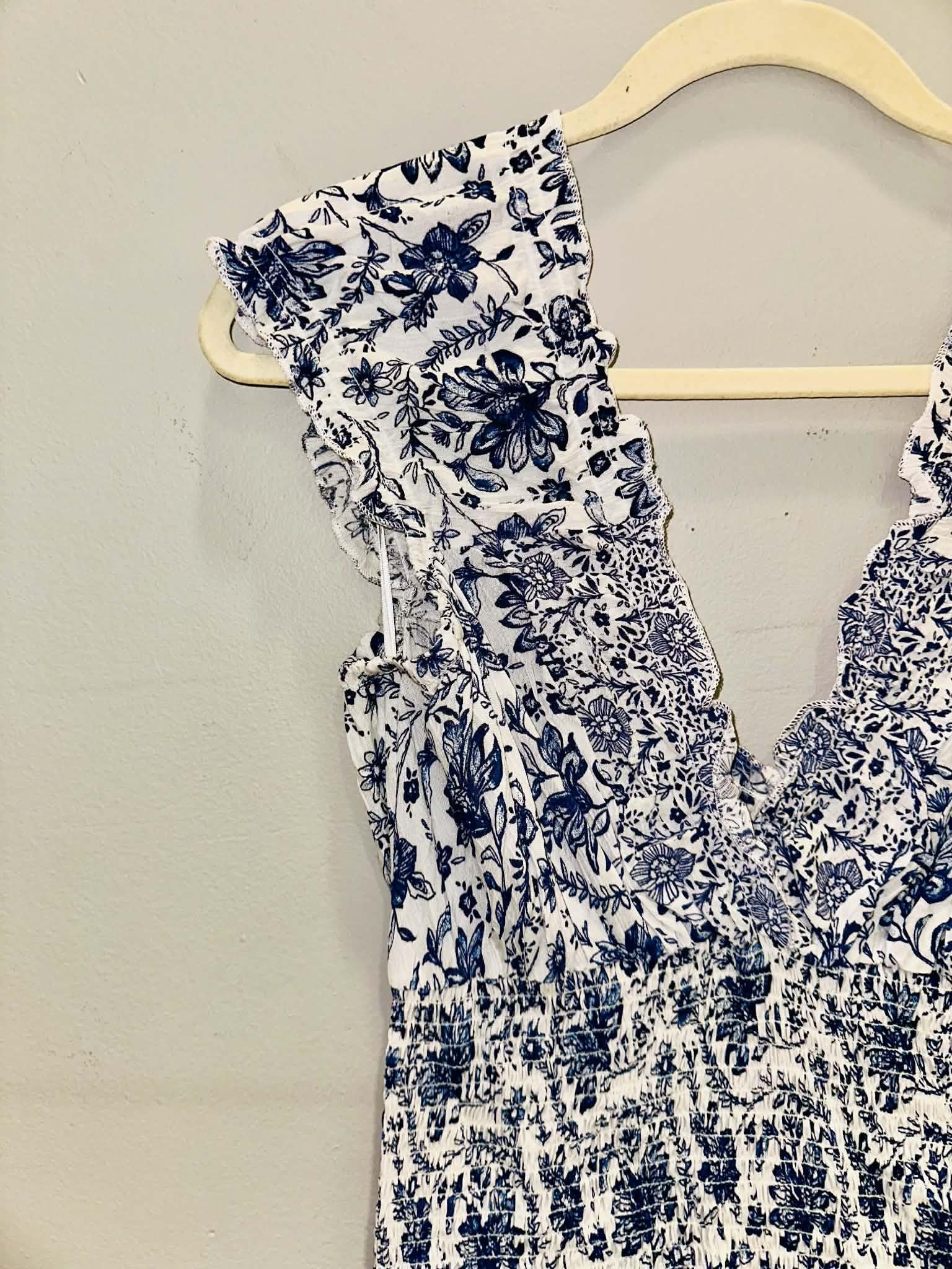 White & Blue Maxi Floral V-Neck Dress