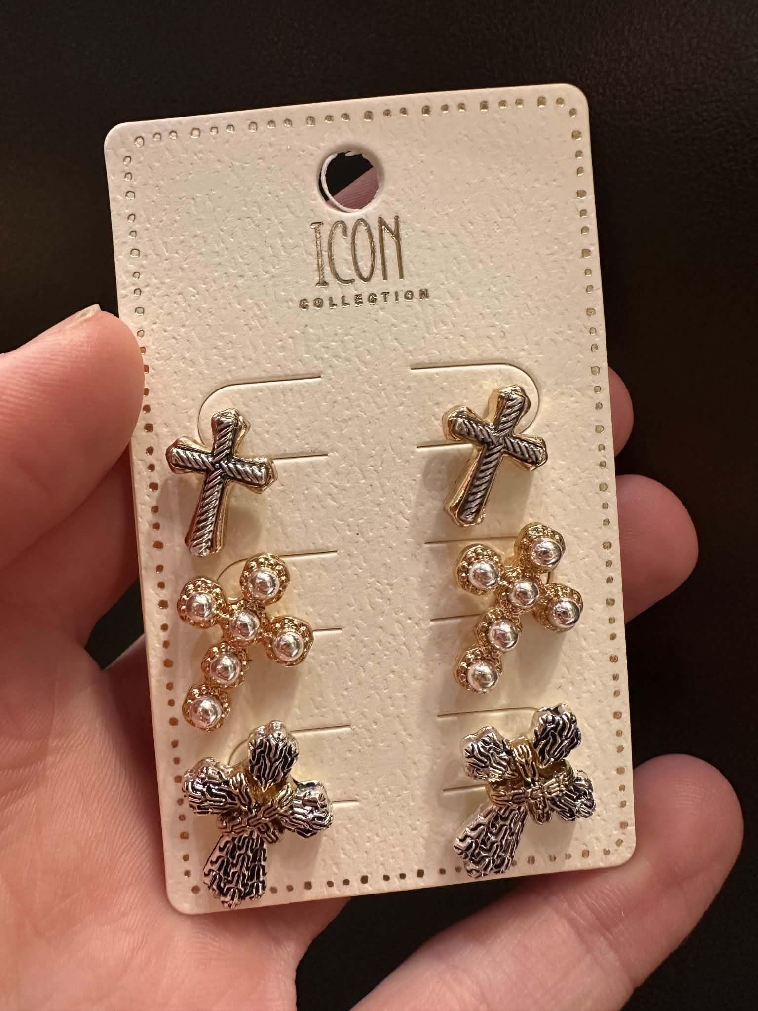 Two-Tone Cross Earrings Set of 3