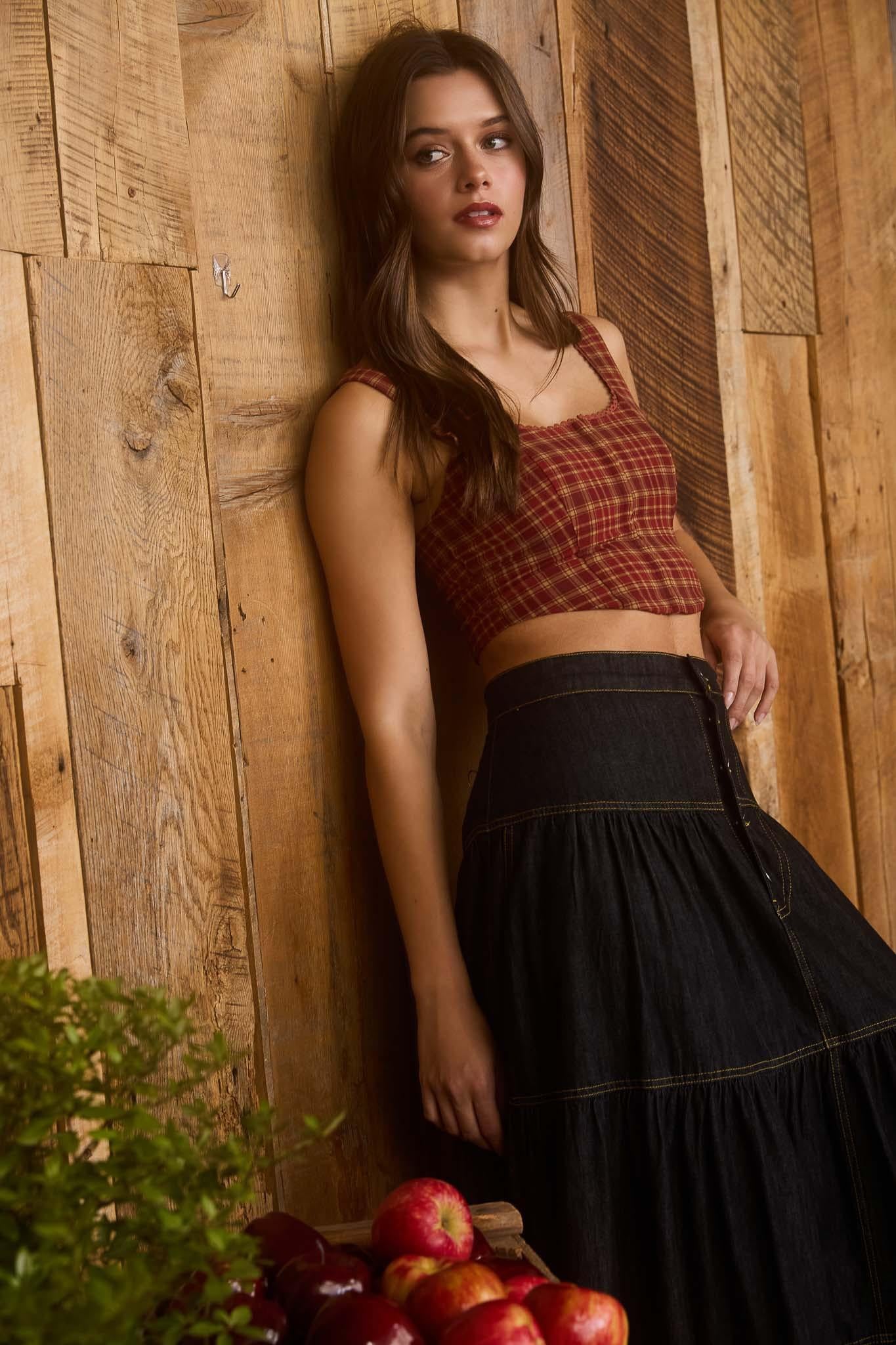 Plaid Lace Trim Corset Top