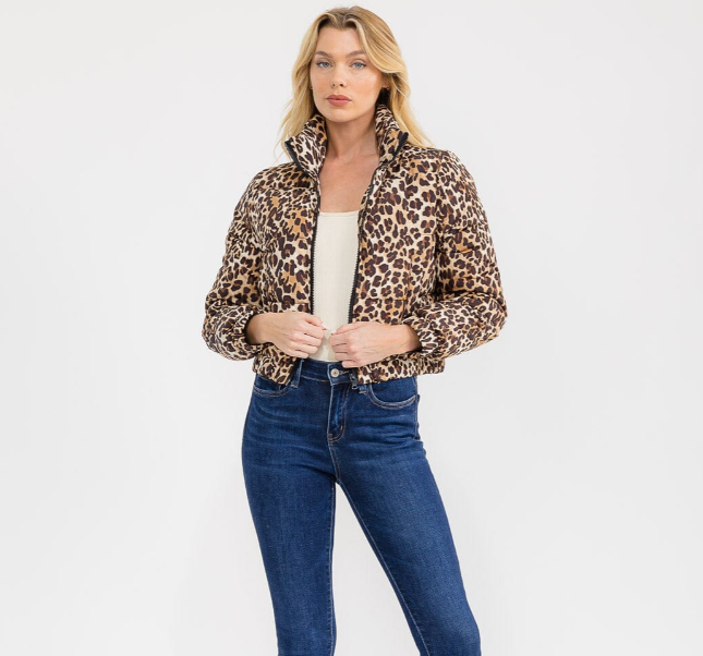 BROWN LEOPARD PRINT PUFFER JACKET