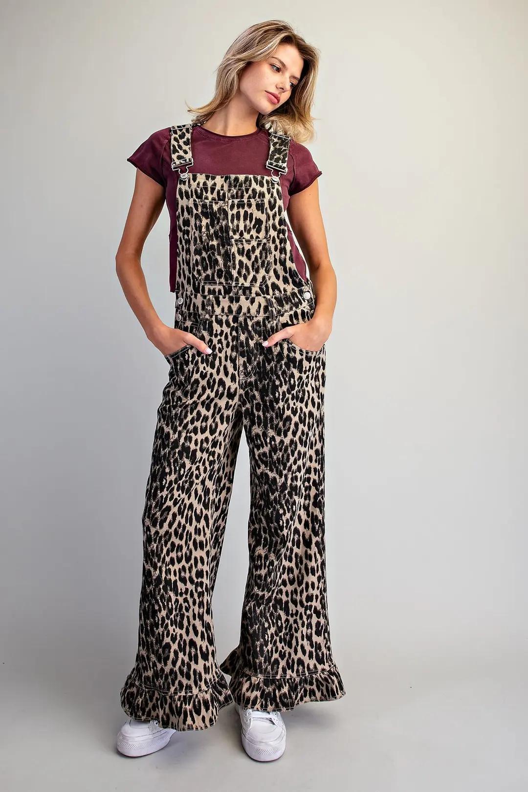 Mineral Washed Leopard Ruffle Hem Jumpsuit