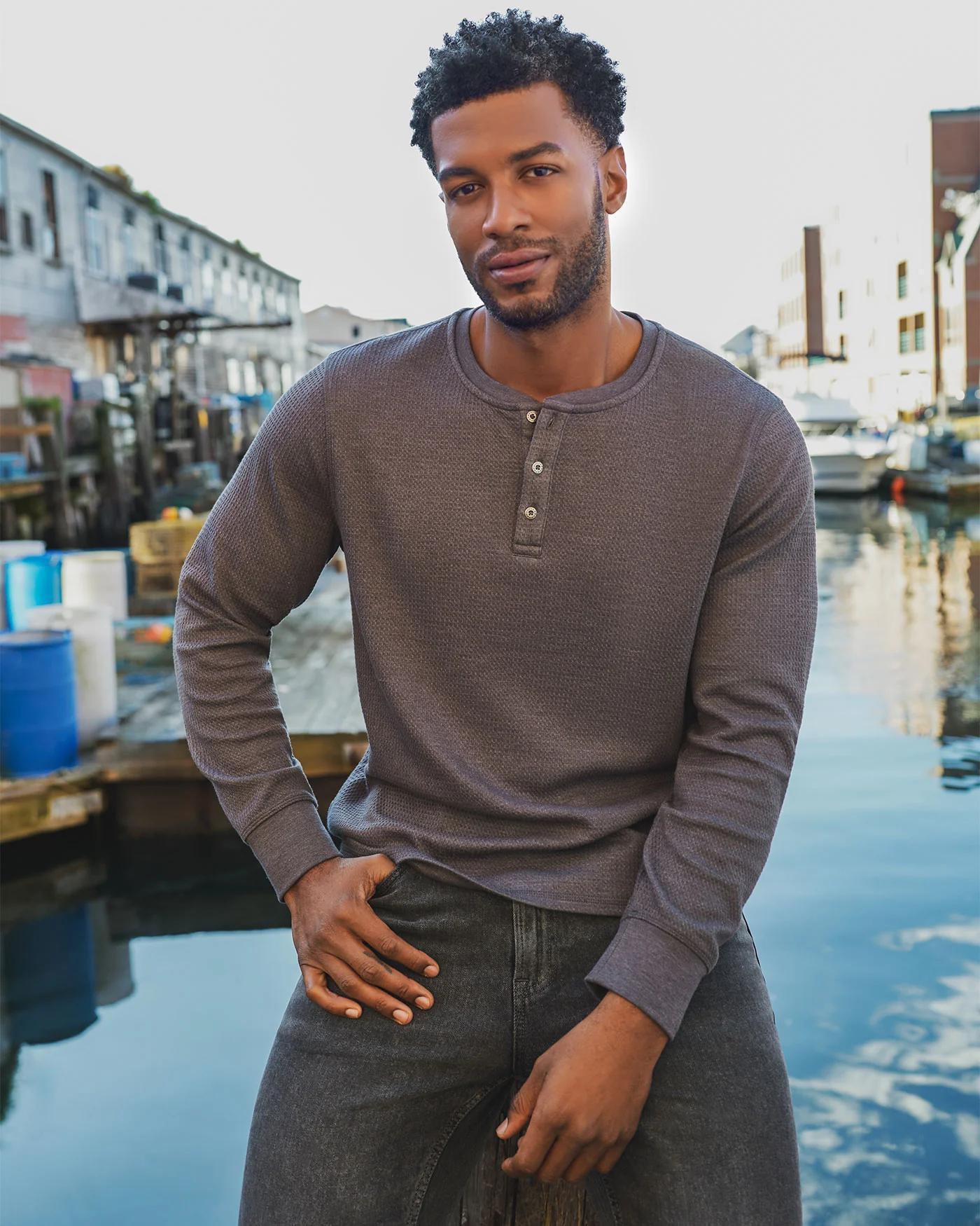 CHATSWORTH SOFT WAFFLE HENLEY - CHARCOAL HEATHER