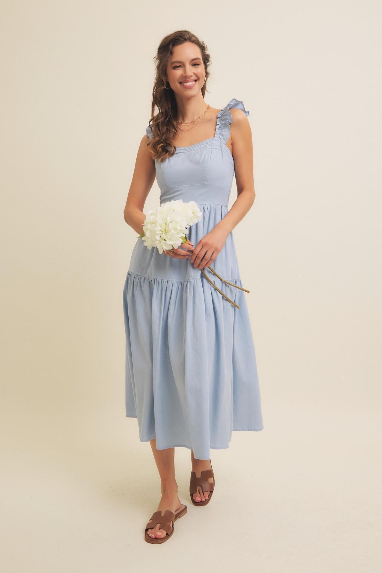 Cloud Gazing Airy Smocked Back Tiered Midi Dress