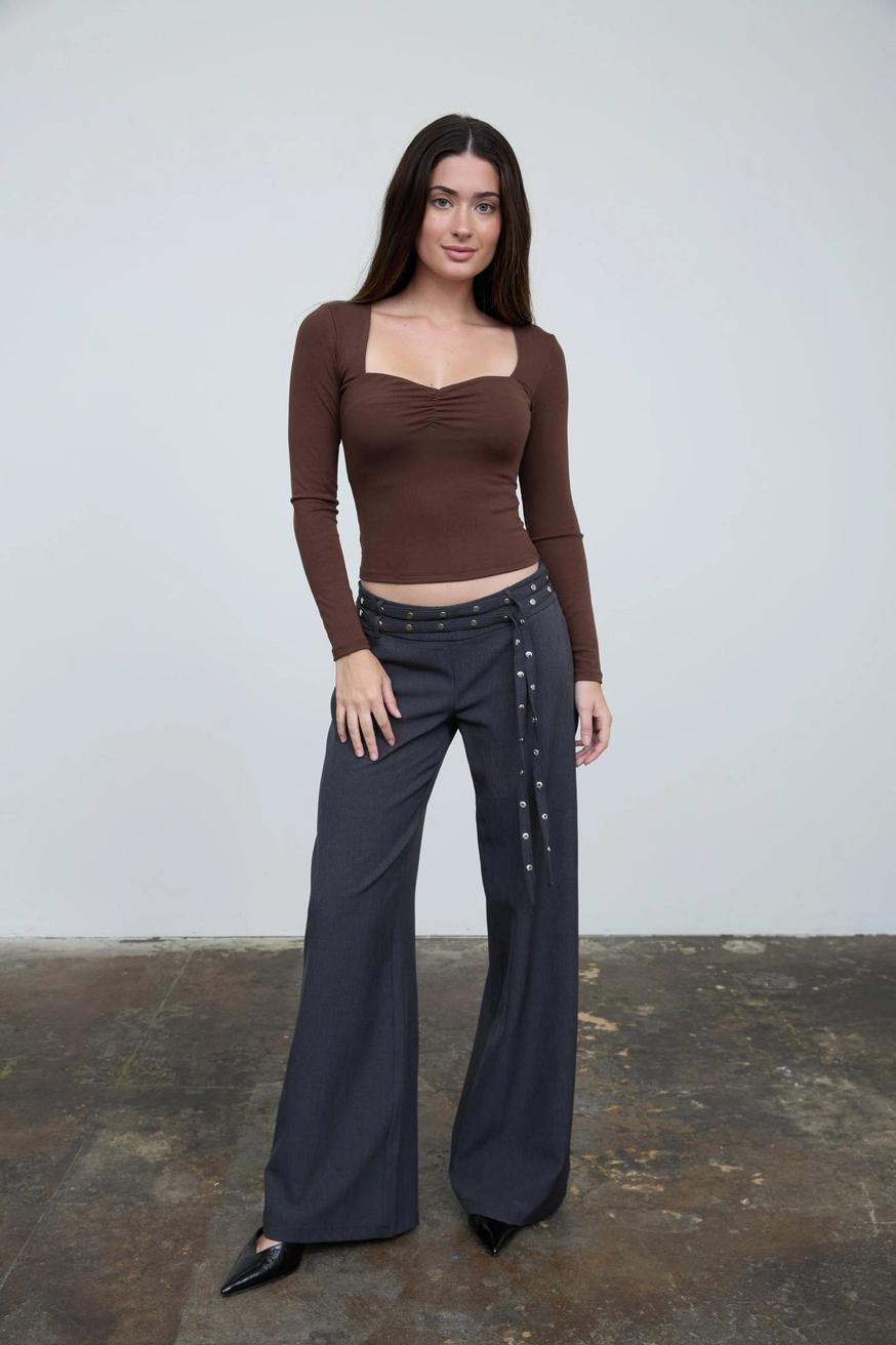Ruched Sweetheart Square Neck Long Sleeve Knit Top