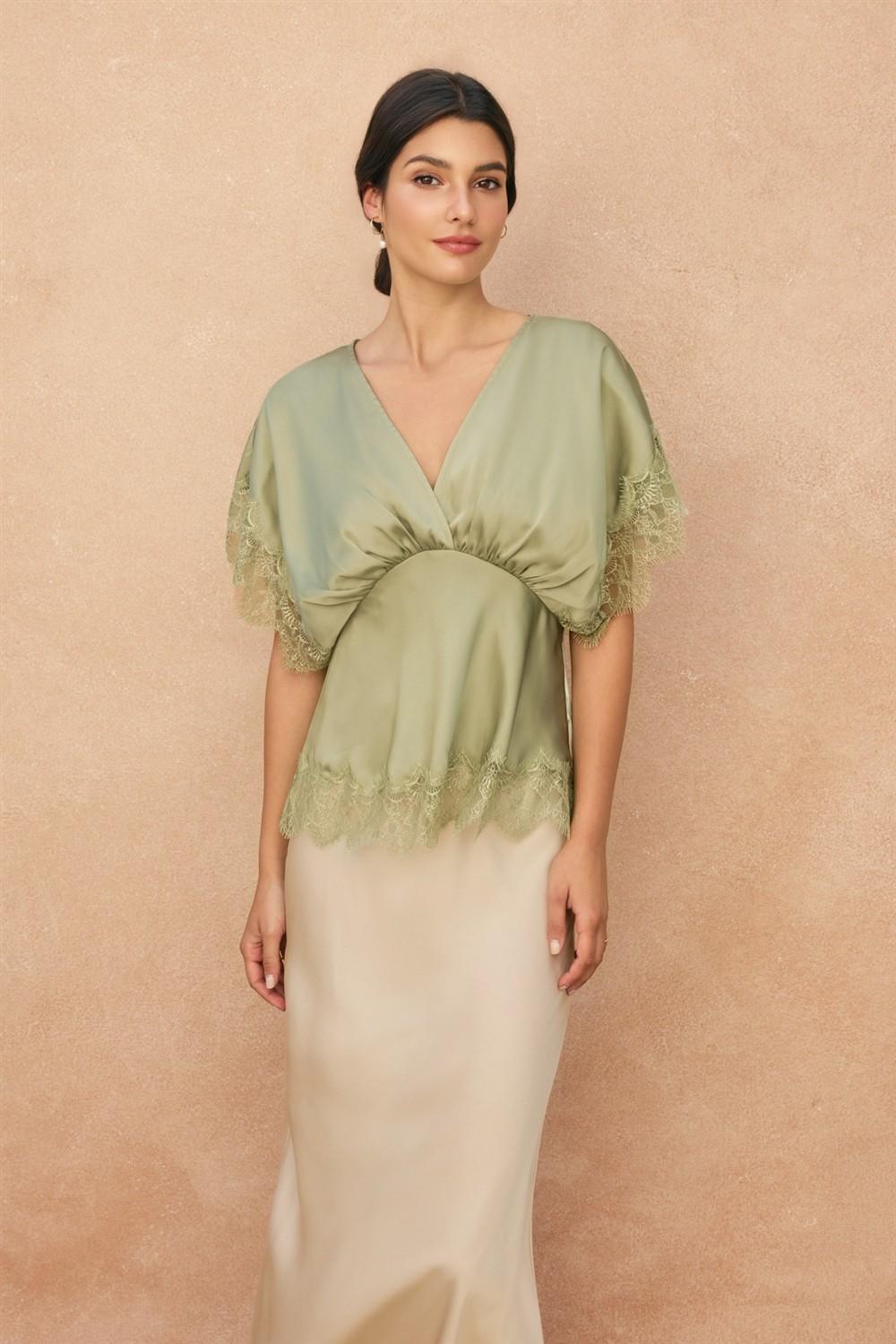 Dull Satin Lace Blouson Top - Sage
