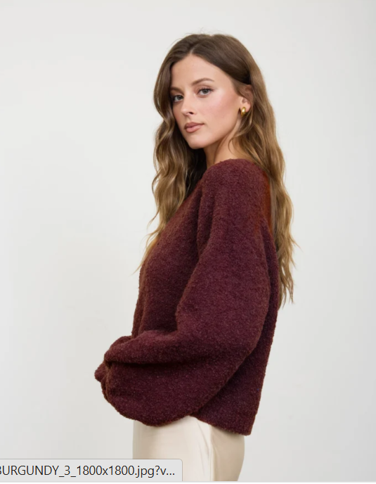BURGUNDY SLEEVE FUZZY KNIT PULLOVER SWEATER