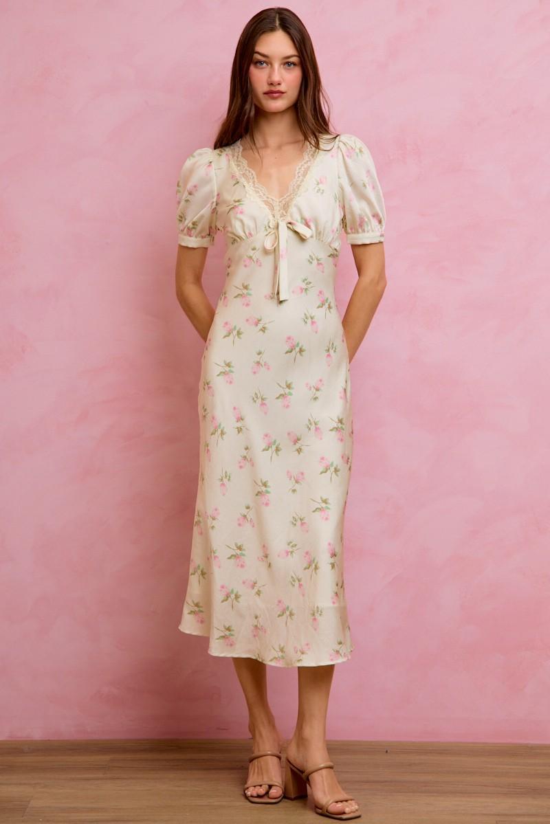 Floral Satin Print Lace Trim Midi Dress