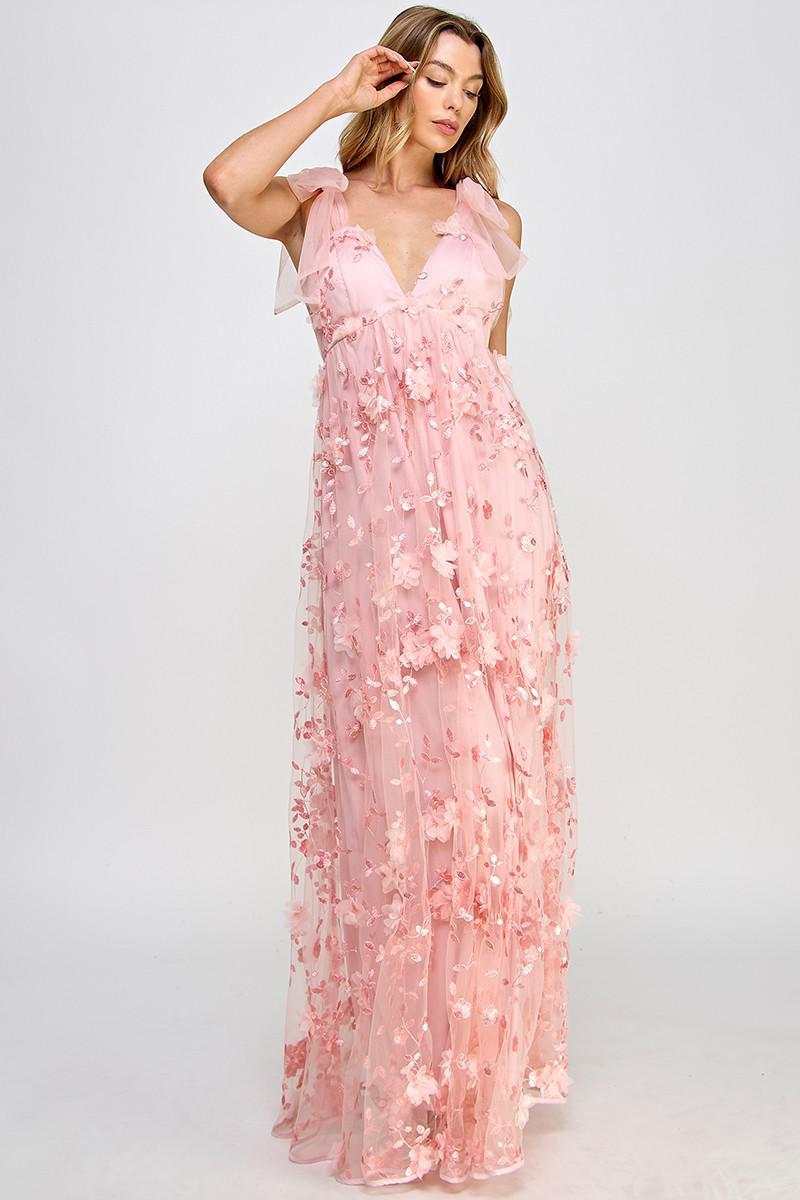 Pink Floral Rosette Maxi Dress