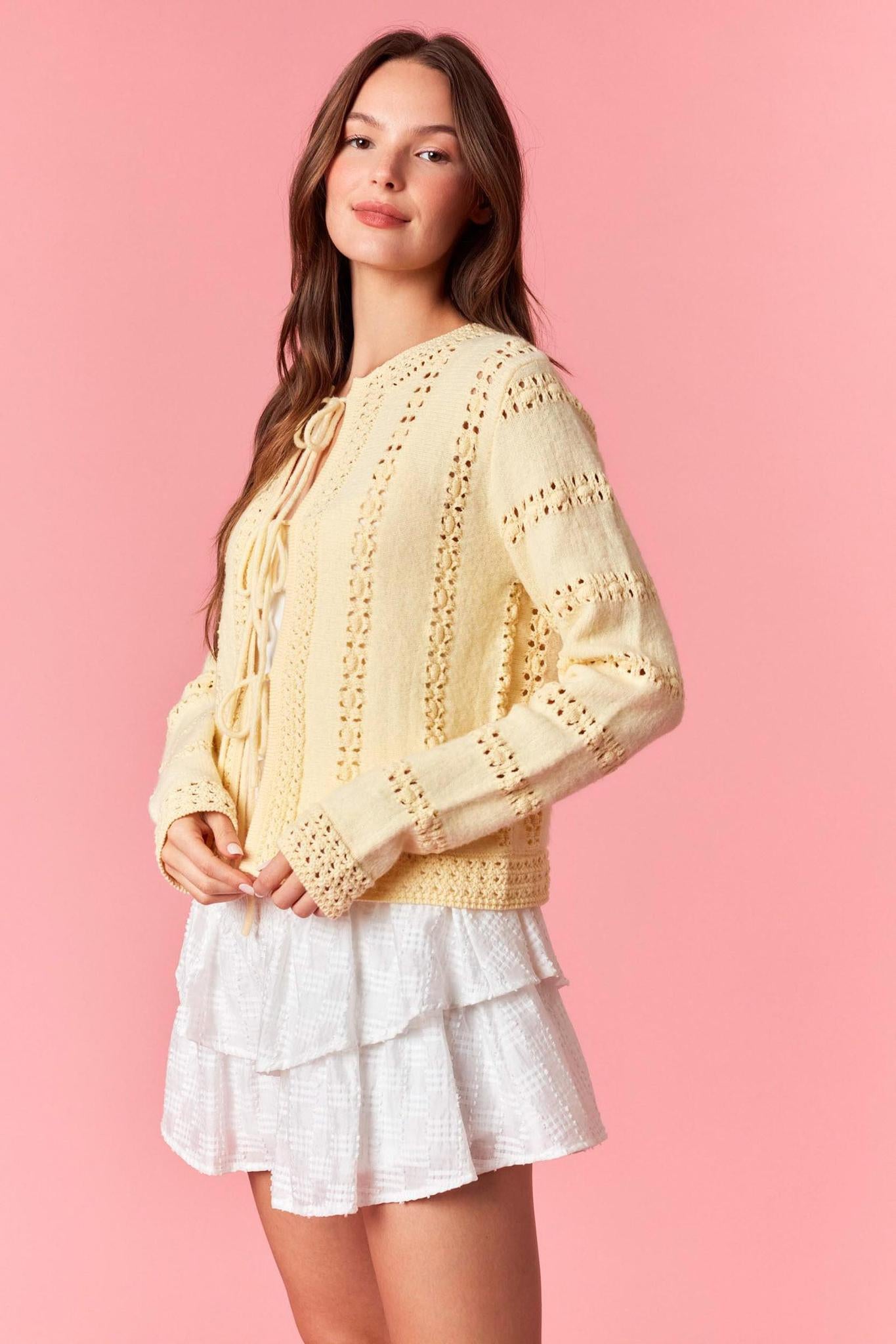 3 Bow Tie Strap Sweater Cardigan - Light Yellow