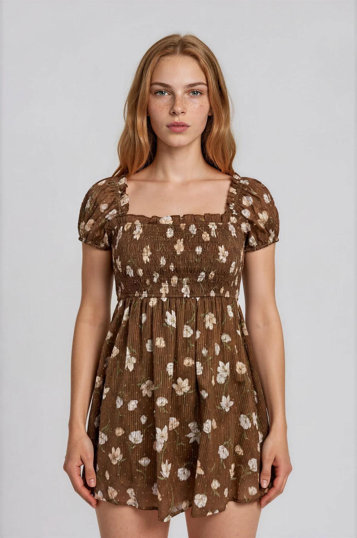 BROWN FLORAL SMOCKED SQUARE NECK PUFF SLEEVE MINI DRESS
