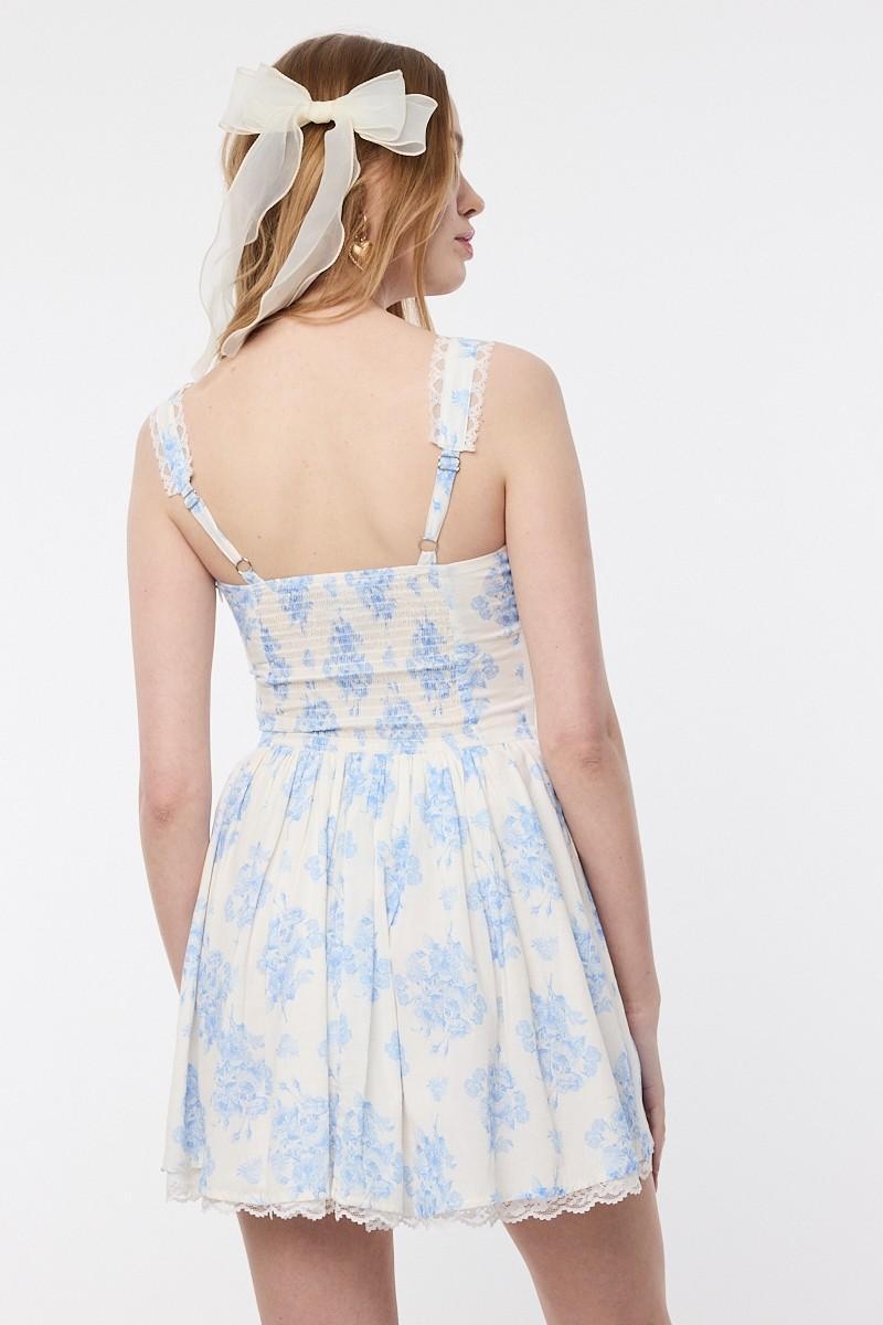 Blue Balloon Floral Wide Strap Lace Trim Mini Dress