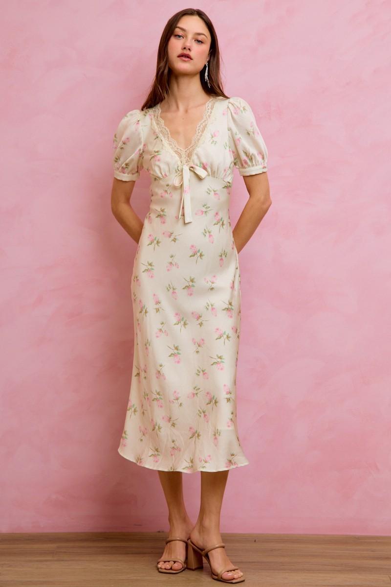 Floral Satin Print Lace Trim Midi Dress