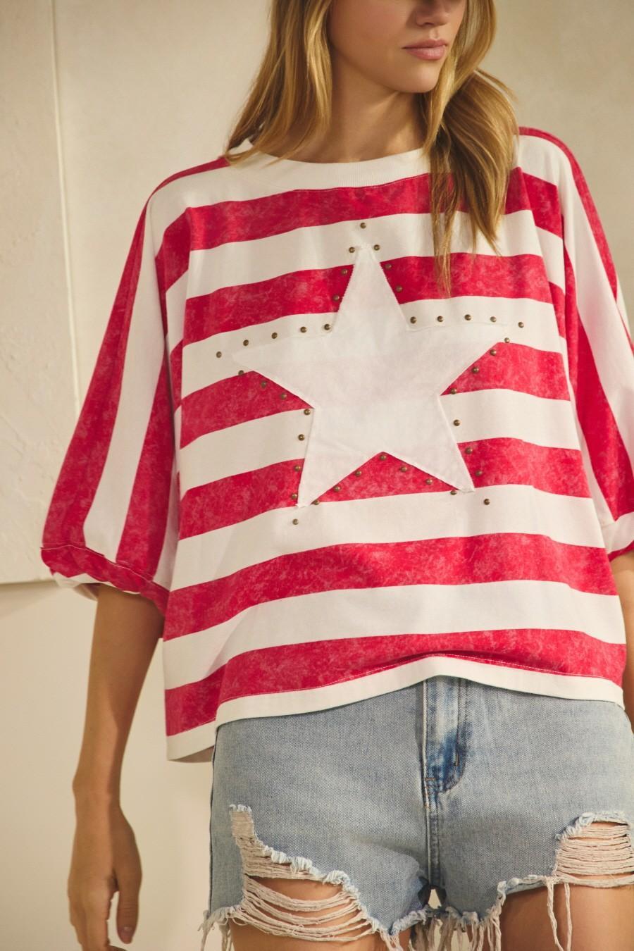 Stripe-Patterned Star Oversized Top